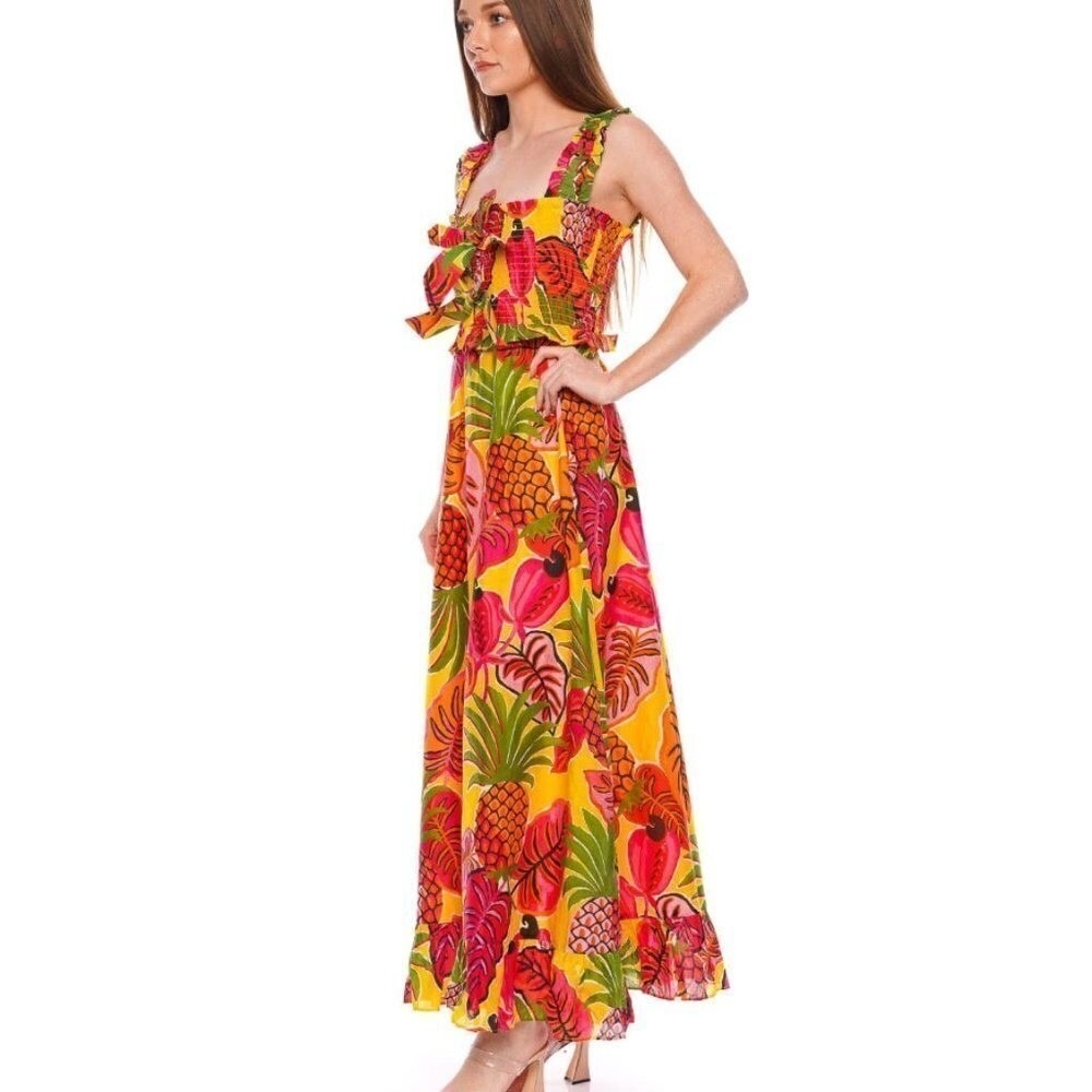 Farm Rio Yellow Tropical Pineapple Parrot Smocked Maxi Dress | Size Small - Picture 15 of 16